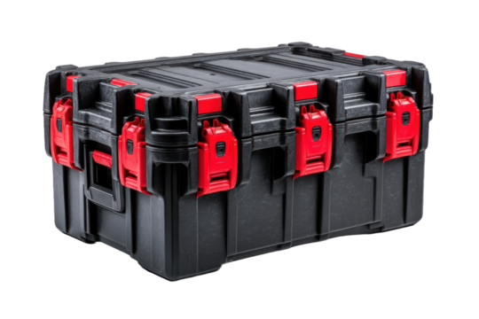 Sturdy black plastic storage container with red latches for secure organization and transport solutions
