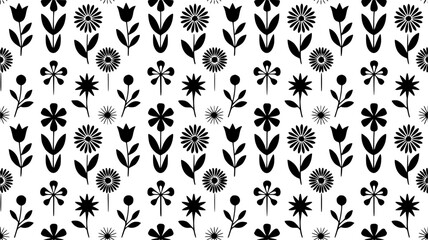 Seamless Black and White Floral Pattern – Retro Minimalist Flower Design