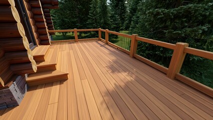 Elevated wooden deck with railing offers serene outdoor living amidst lush green forest scenery