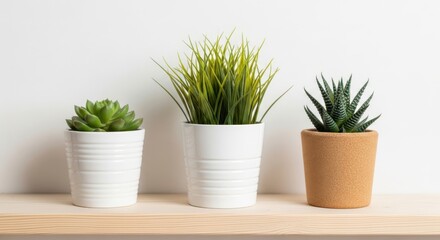 Fototapeta premium Photo of three small potted succulents on a wooden shelf against a white background, perfect for home decor
