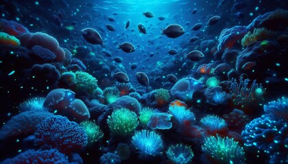 Underwater coral reef with bioluminescent fish