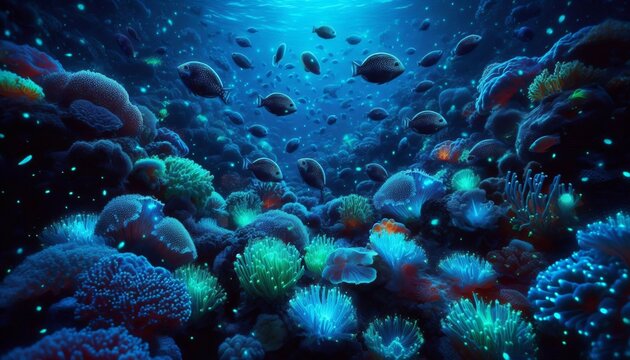 Underwater coral reef with bioluminescent fish