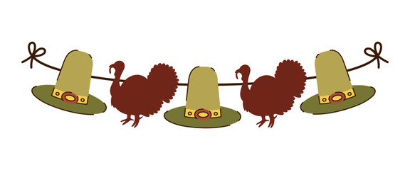 Autumn garland, vector icon. Turkey silhouette and pilgrim hats hang on a string. Colorful decoration for fall party, Thanksgiving. Seasonal festive banner, a holiday of gratitude. Doodle flat clipart