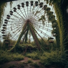 Abandoned amusement park with rusted ferris wheel overgrown by c