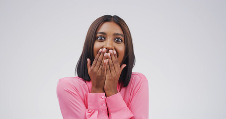 Shocked, portrait and indian woman in studio with wow expression, announcement or good news....