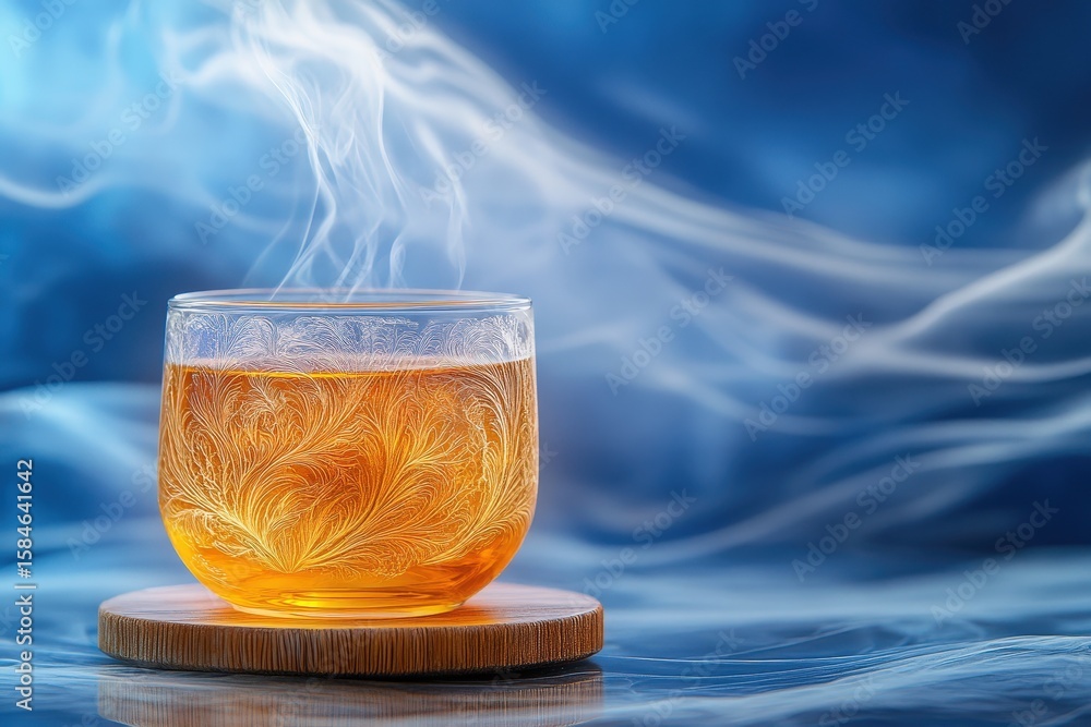 Poster a steaming cup of tea with intricate frost patterns.