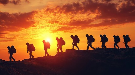 Fototapeta premium Hikers Trekking Silhouette at Sunset with Colorful Sky Backdrop