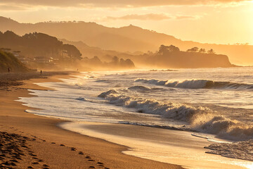 Serene beach with glowing waves and dreamy golden hour lighting