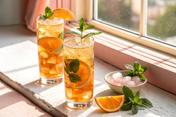 Chilled honey cocktails with mint and orange on sunlit pastel pink sill