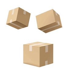 3 cardboard boxes falling on each other, vector illustration, white background, no shadows, no gradients, simple style