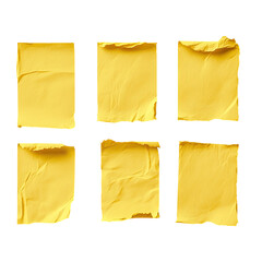3 yellow rectangular sticker mockups, each with rounded corners and slightly crumpled edges, isolated on a white background.