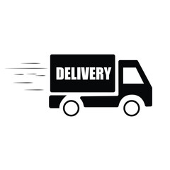 A black and white delivery truck icon with motion lines indicating fast transportation