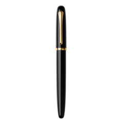 A classic fountain pen with gold accents, perfect for writing and drawing. The black body is sleek and glossy, showcasing its elegant design. PNG
