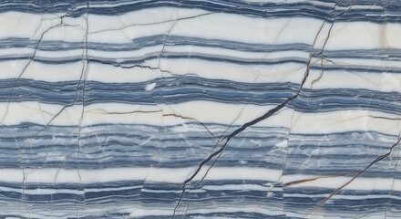 Close-up of layered stone with horizontal bands of white and blue-grey, featuring fine cracks and mineral variations.