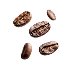 A few coffee beans floating in the air, white background, commercial photography, high resolution