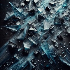 Abstract glass shards in icy blue and clear scattered over a dar
