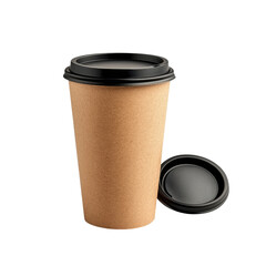 A brown paper coffee cup with a black lid, on a white background PNG, front view, isolated, high-resolution photography.