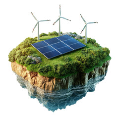 A photorealistic icon depicting solar panels and wind turbines on top of an island with green grass, against a white background, in a PNG