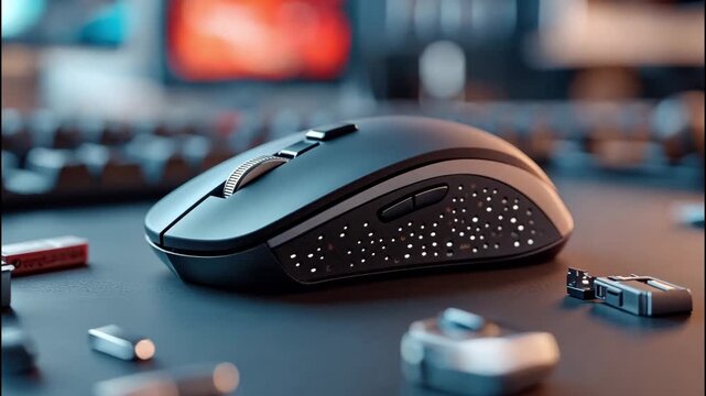 Sleek black gaming mouse under dramatic light. 