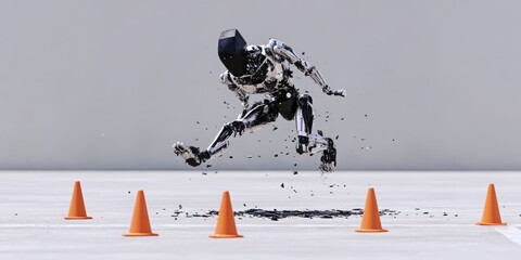 Agility Humanoid Robot Factory Concept. Futuristic humanoid robot performing dynamic leap over orange traffic cones in modern setting