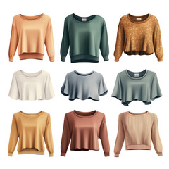 Set of various stylish trendy tops on isolated transparent cutout PNG Background