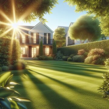 Setting Environment A sunny backyard green lawn hiding spots beh