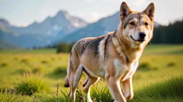 Wolf walking in grassy field with mountains in background  