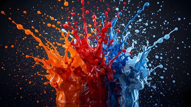 Color Splash Explosion: Red, Blue, Orange Liquid Paint Burst on Black Background