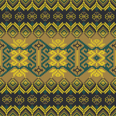 Traditional Ukrainian cross-stitch Detailed vector Illustration for textile printing design, on pixels green tones