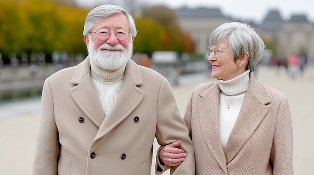 romantic aging lifestyle,Happy Elderly Couple Walking Together in Autumn Park Scene, senior outdoor portraits, joyful retirement moments