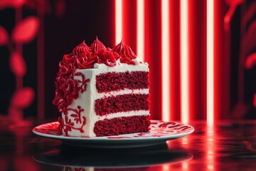 Red velvet cake slice with decorative frosting.