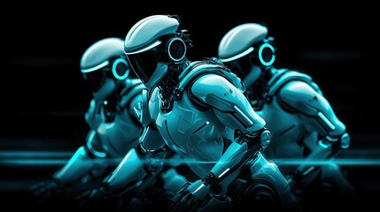 Agility Humanoid Robot Factory Concept. Futuristic Robots Running in a High-Tech Environment with Neon Lights and Dynamic Motion Effects