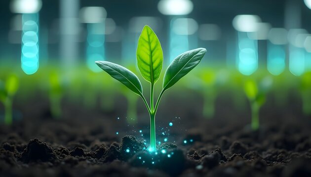 Young plant growing from soil agriculture and farming concept for sustainable future and environment health