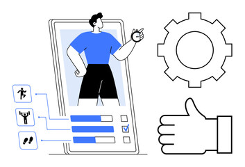 Smartphone highlighting fitness interface with progress bars, exercise icons, gear suggestion, and thumbs-up. Ideal for fitness tracking, app prototyping, health goal visualization, UIUX