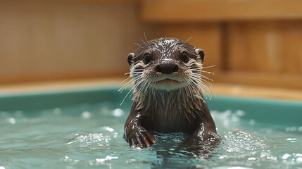 A curious otter swimming in a pool with its head above the water looking directly at the viewer
