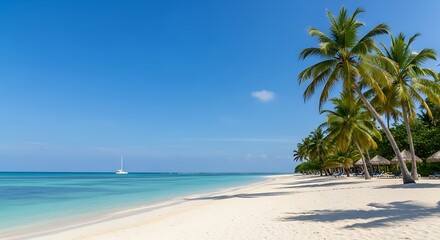Obraz premium Idyllic tropical beach scene with palm trees, white sand, turquoise water, and a distant sailboat.