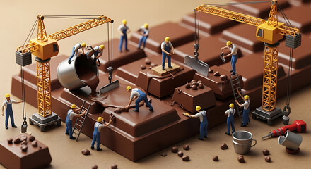 Miniature workers construct and refine a giant chocolate bar, using cranes and tools amidst molten chocolate and chocolate pieces.