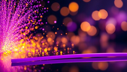 Abstract fiber optic light trails purple and gold bokeh background technology communication network concept