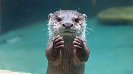 A close up shot of an otter in water with its paws up looking directly at the camera in a zoo exhibit