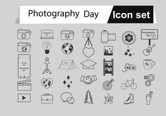 Black and white vector illustration set of photography icon, elements and symbols. World Photography Day. Photography black sign silhouette vector illustration design concept. 