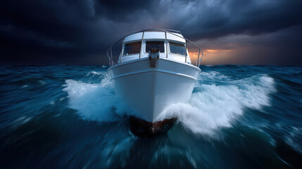 Yacht navigates through stormy seas under dramatic sky, creating sense of adventure and challenge