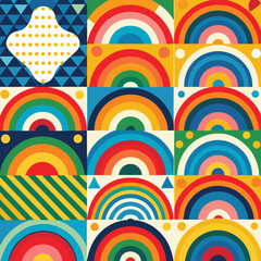 Rainbow vector geometric seamless patterns collection. Set of bright colorful backgrounds with modern minimal labels. Cute abstract geometrical textures. Simple pattern design for babies, kids, decor