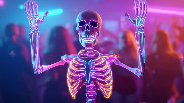 Neon-lit skeleton dancing in vibrant nightclub with colorful lights and blurred crowd in energetic party atmosphere. 4K video