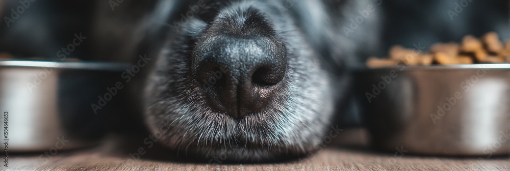 Poster dog snout reaching food bowl with soft background and depth of field creating an inviting atmosphere