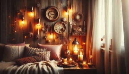 Style Cozy warm lighting with rustic textures