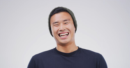 Laughing, happy and portrait of man in studio with mockup space for comedy joke with humor. Goofy,...