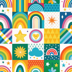 Rainbow vector geometric seamless patterns collection. Set of bright colorful backgrounds with modern minimal labels. Cute abstract geometrical textures. Simple pattern design for babies, kids, decor