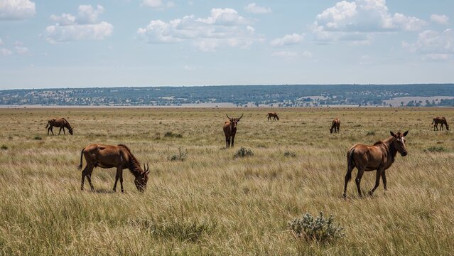 A group of antelopes grazing in a vast, open savanna.