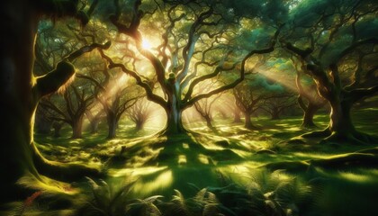 Sunlit oak tree grove with dappled light on verdant ground cover