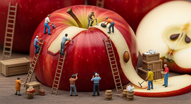 Miniature figures work on a giant apple, peeling and preparing it for consumption, showcasing intricate detail and meticulous craftsmanship.